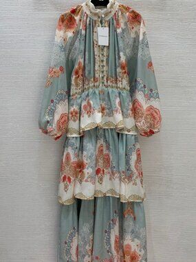 Zimmermann Sage and Coral Floral Tiered Maxi Dress